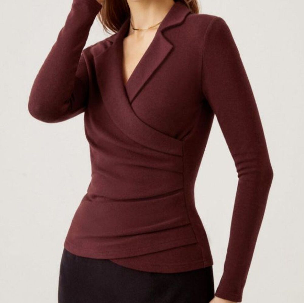 OGL Eco Mousse Pro Warm Soft Cozy Wrap Look Long Sleeve Collared Top XS